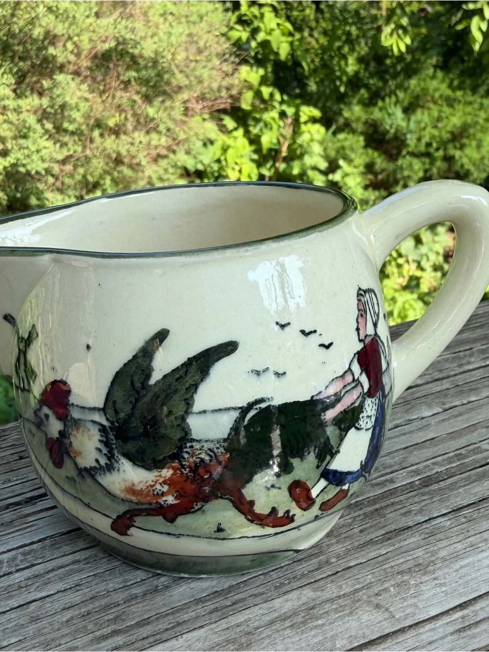 Made in Austria Creamer Woman Chasing Rooster 7258 Sage green And Cream